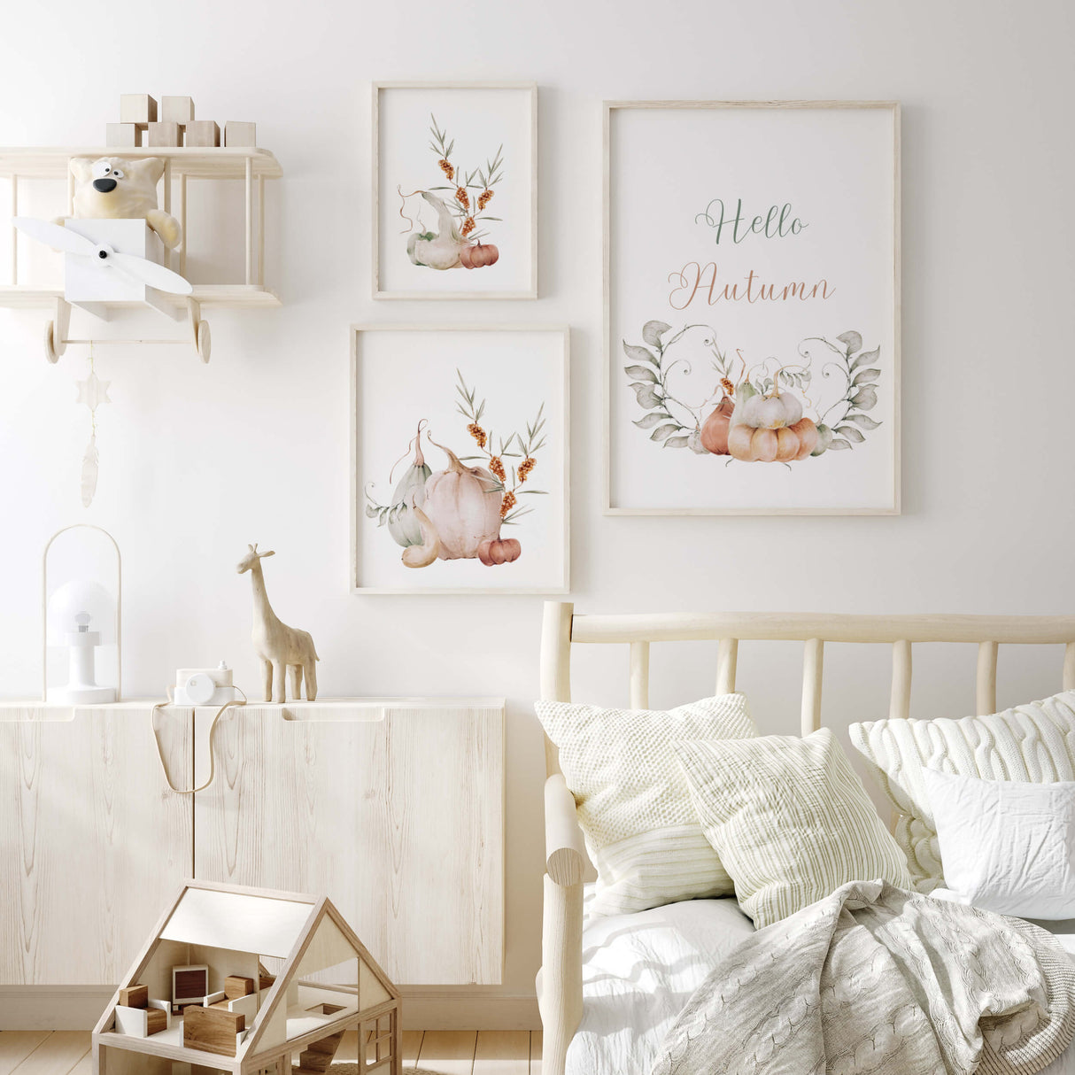 Set of 3 watercolor pastel fall printable with pumpkins, flower and hello autumn quote print for autumn nursery decor.