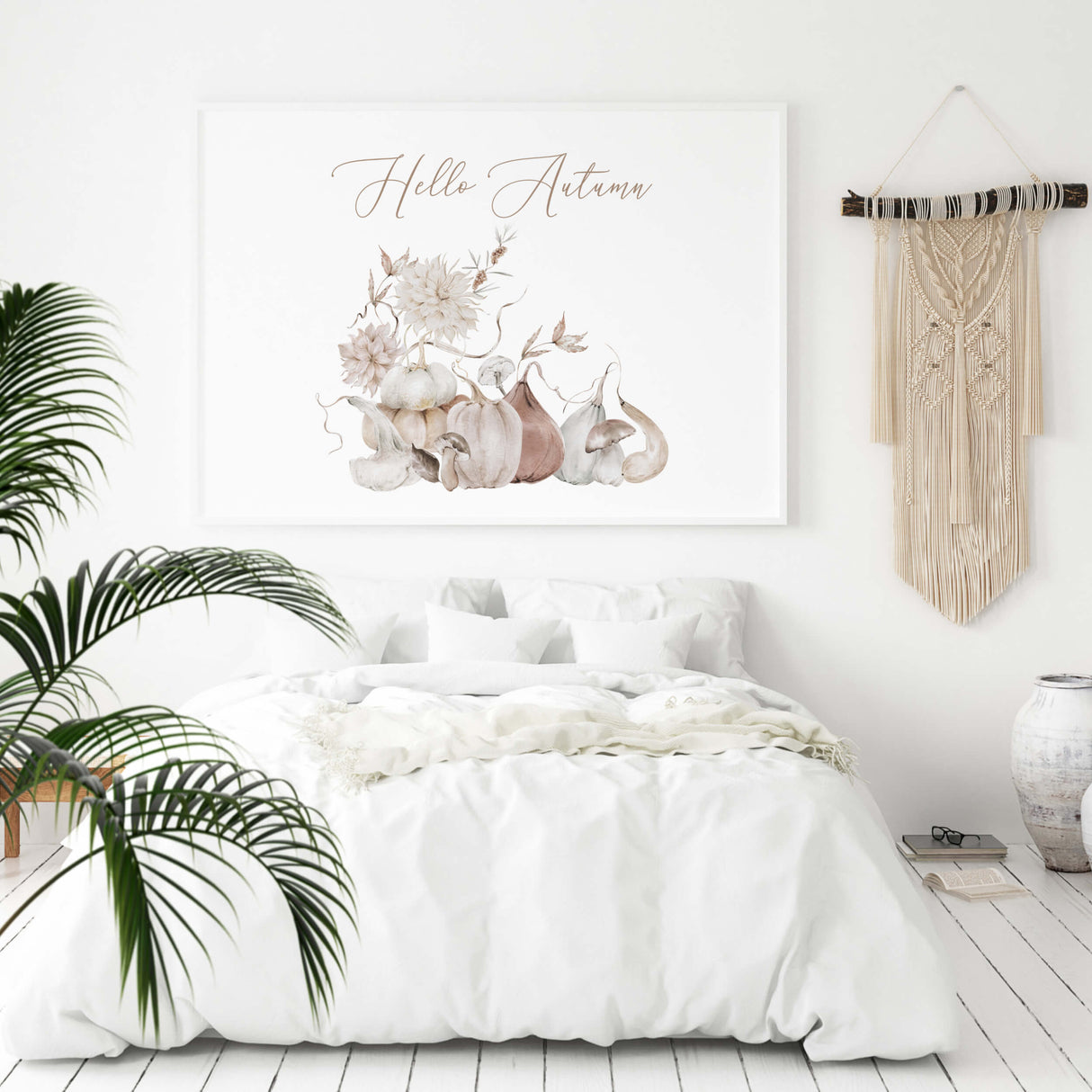 Beige white pumpkin and fall flower poster for neutral autumn home decor.