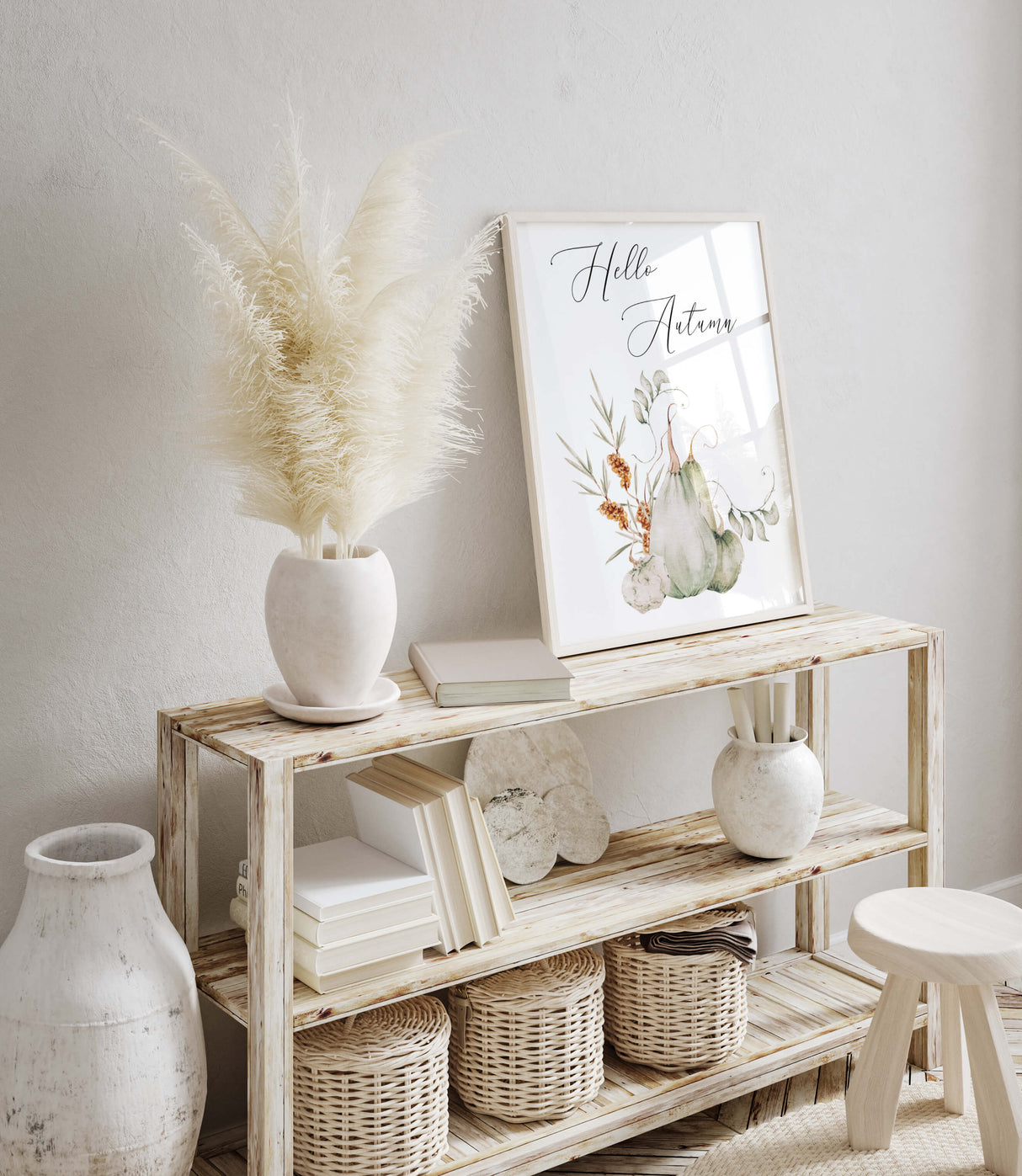 Watercolor sage green fall print with pumpkin and hello autumn quote for autumn home decor.