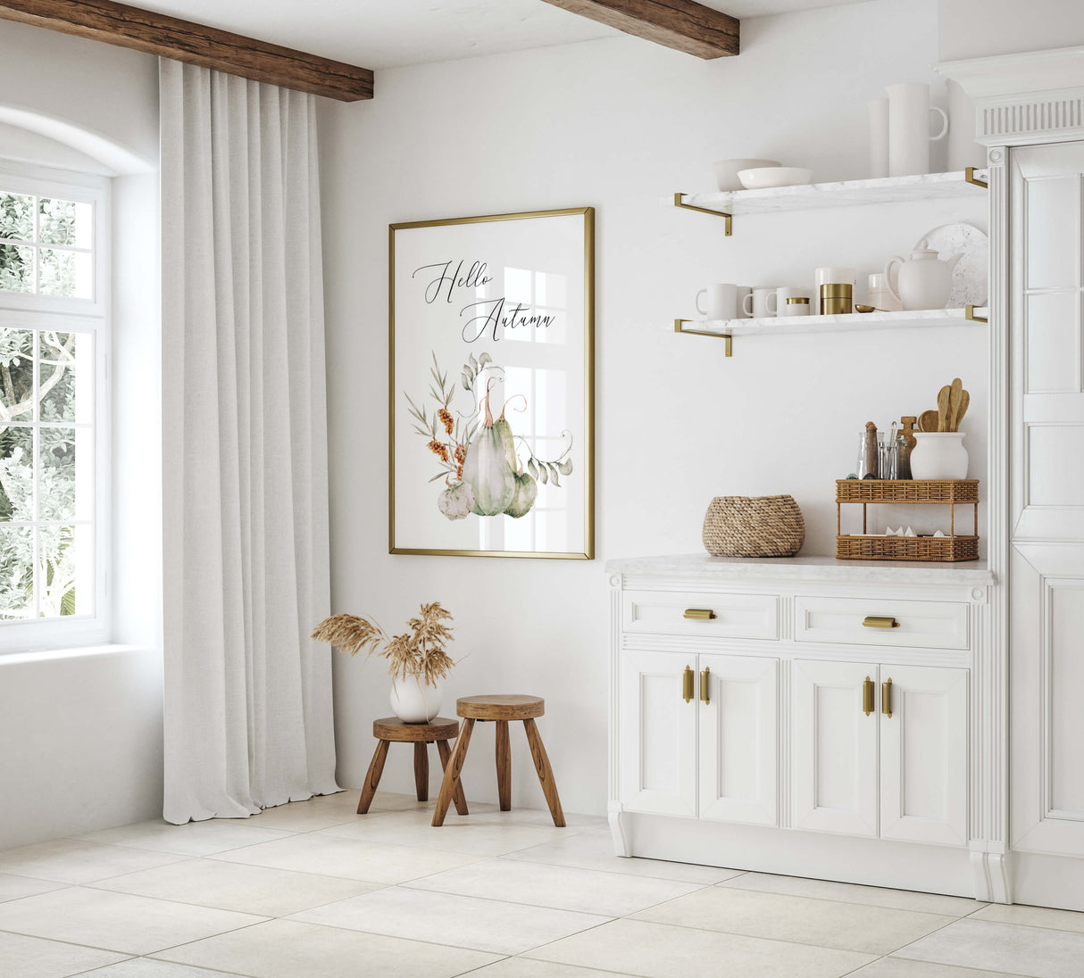 Watercolor sage green fall print with pumpkin and hello autumn quote for autumn home decor.