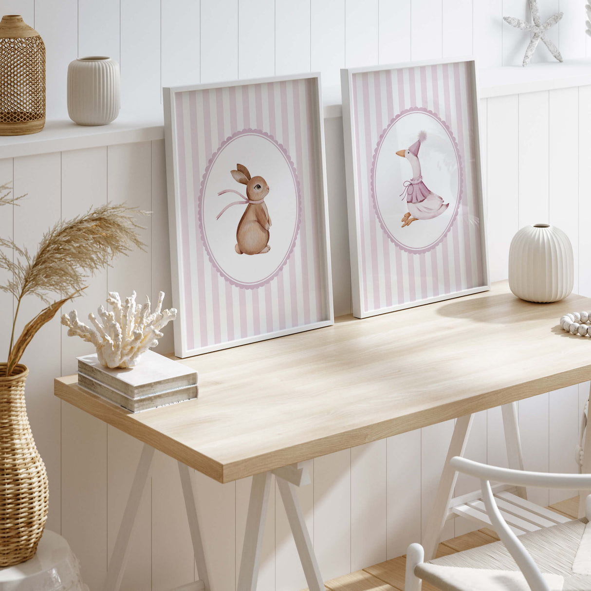 Bunny and goose pastel striped printable wall art for girls nursery decor