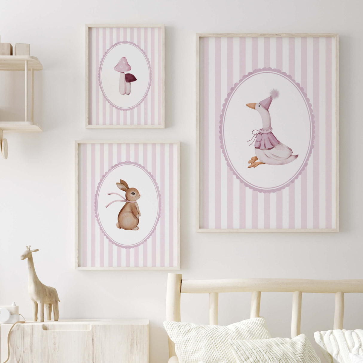 Pink nursery wall art set with bunny goose and mushrooms in soft pastel stripes