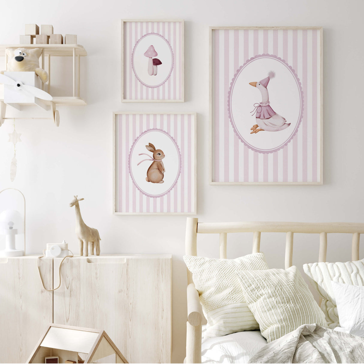 Digital printable baby room art with bunny goose and mushroom designs for girls nursery