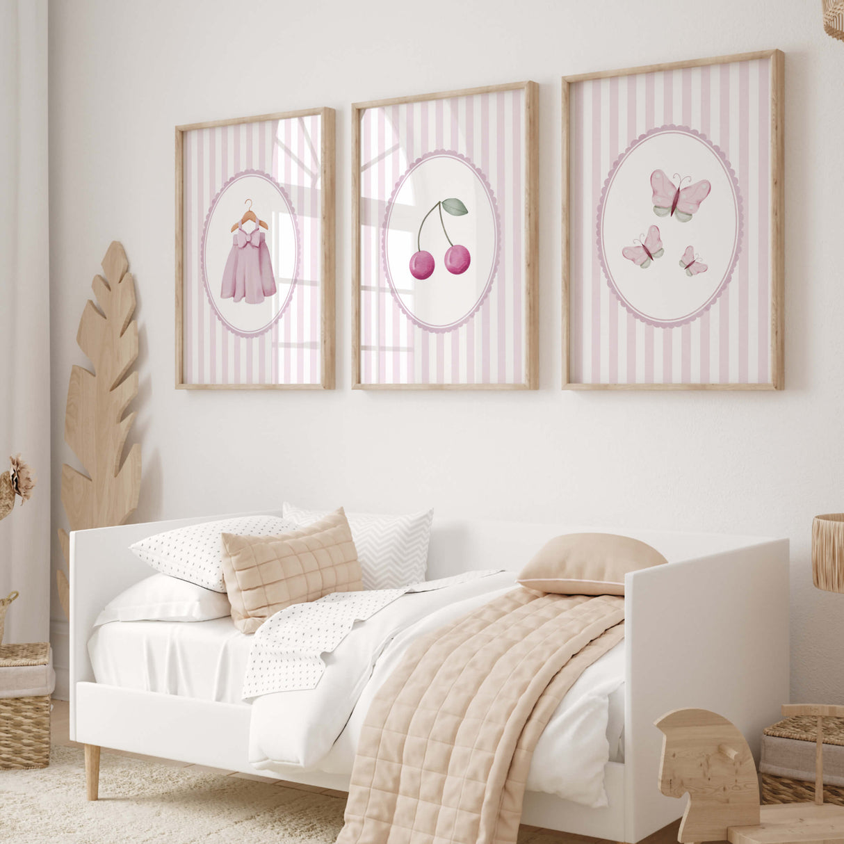 Set of 3 pink wall printables for kids room featuring butterfly cherry and baby dress