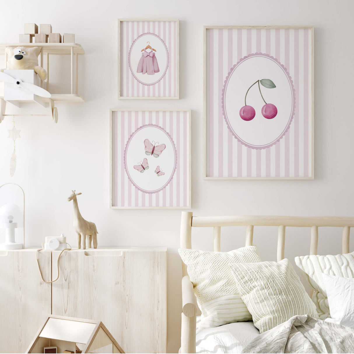 Baby girl nursery digital print set featuring pastel cherries butterflies and clothing art