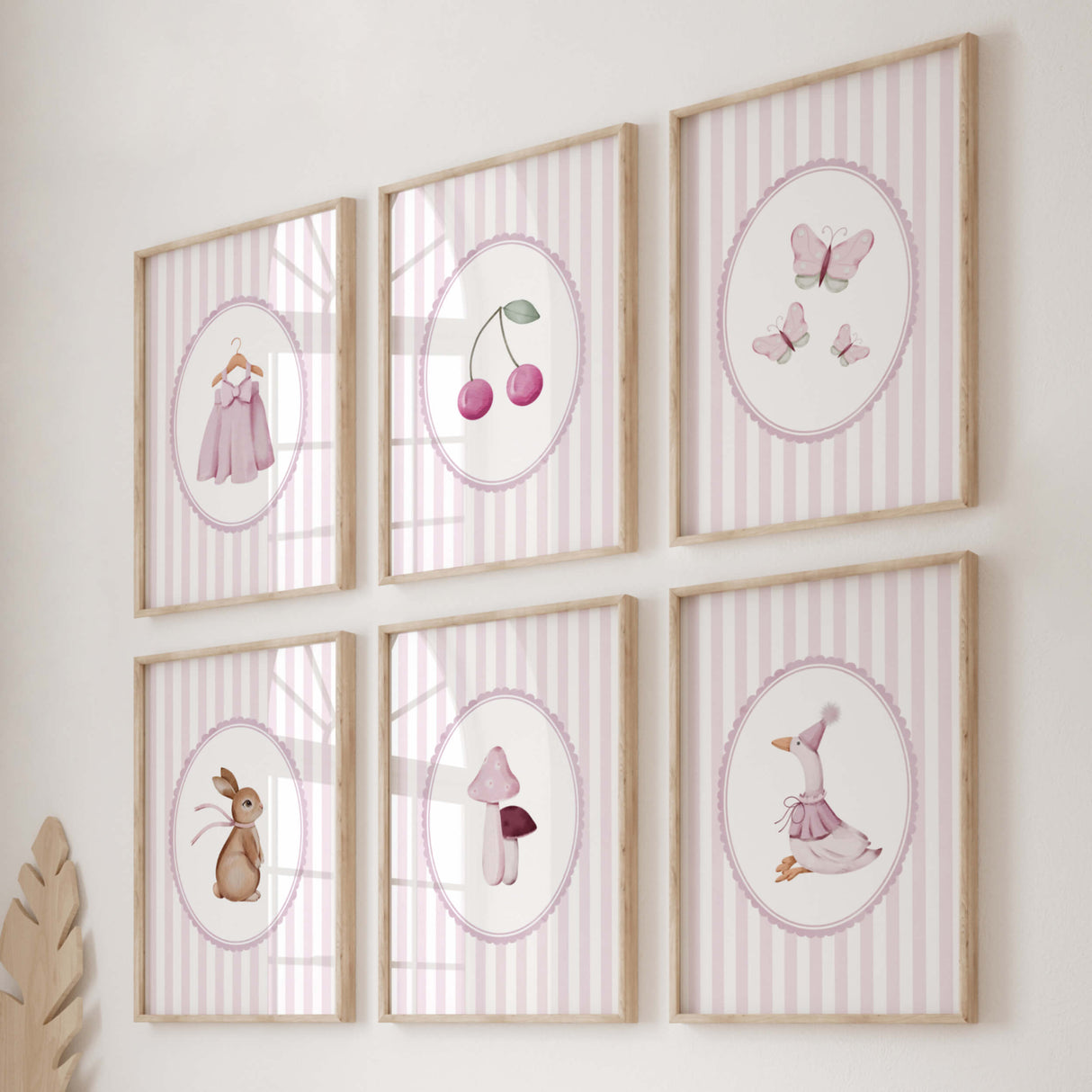 Pink nursery wall art set of 6 with baby dress cherry bunny goose mushrooms and butterflies
