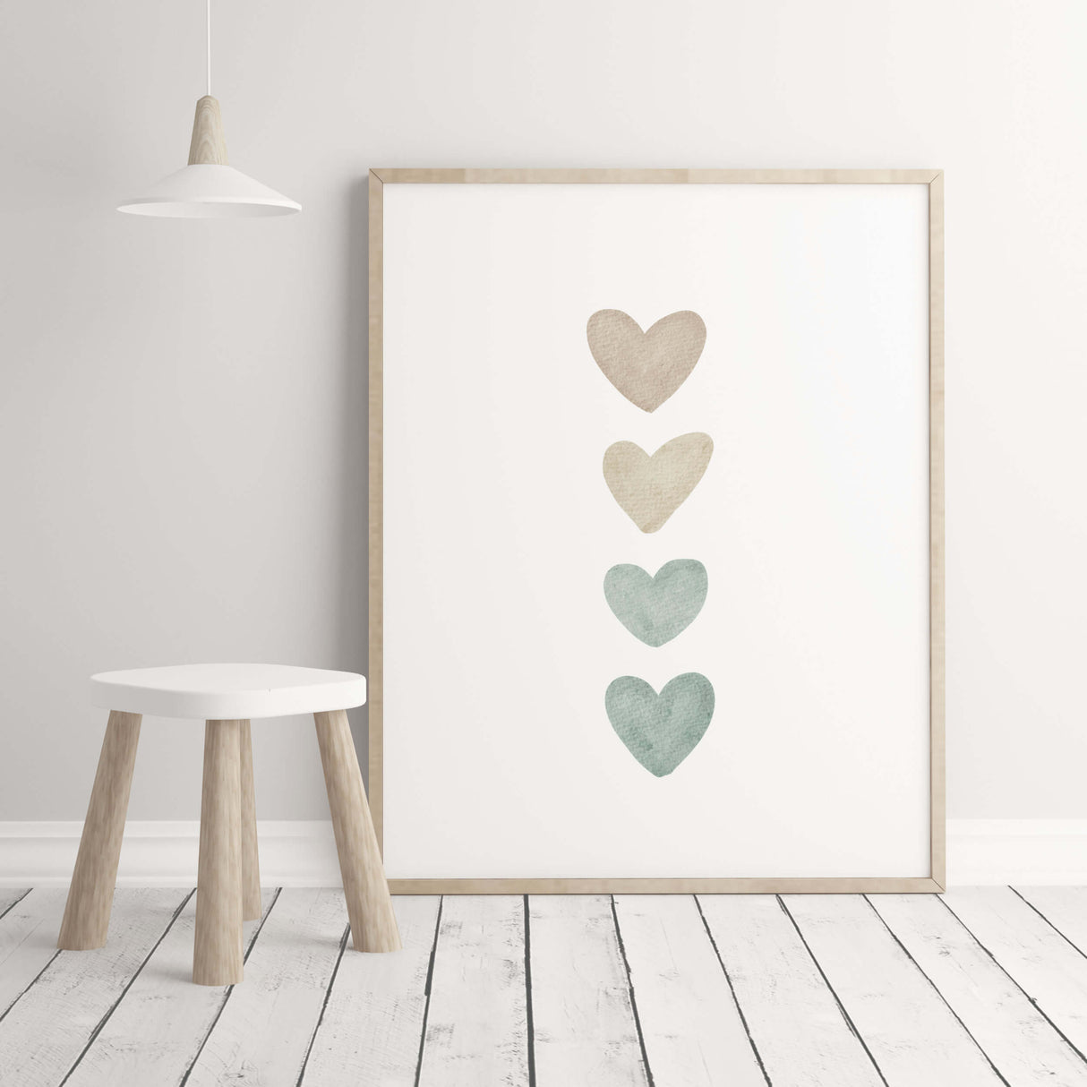 Watercolor boho nursery print with hearts in mint blue, brown and beige colors for gender neutral nursery decor and kids decor, baby boys room decor, baby girls room decor, boho nursery decor.