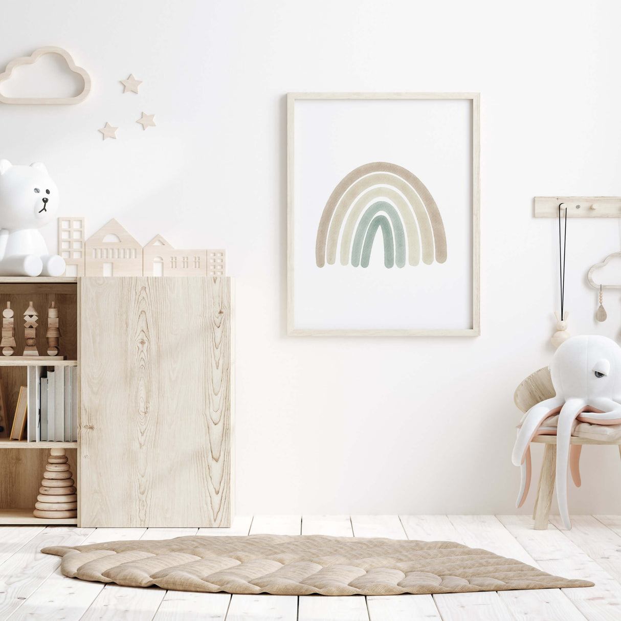 Watercolor boho nursery poster with rainbow in mint blue, brown and beige colors for gender neutral  nursery decor and kids decor, baby boys room decor, baby girls room decor, boho nursery decor.