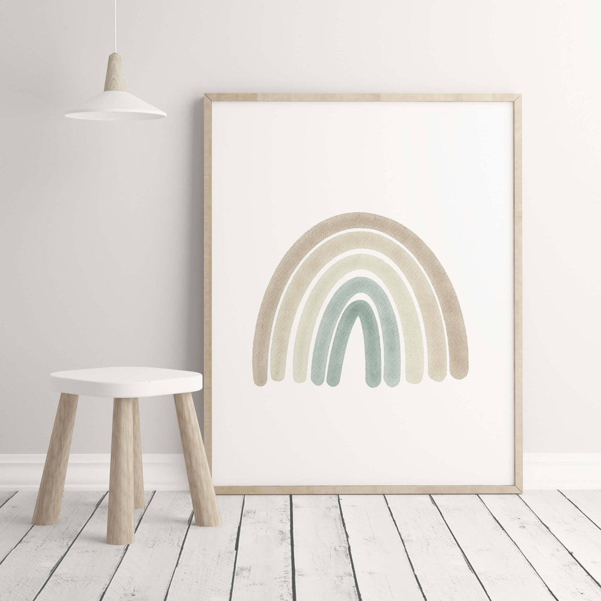 Watercolor boho nursery printable with rainbow in mint blue, brown and beige colors for gender neutral  nursery decor and kids decor, baby boys room decor, baby girls room decor, boho nursery decor.