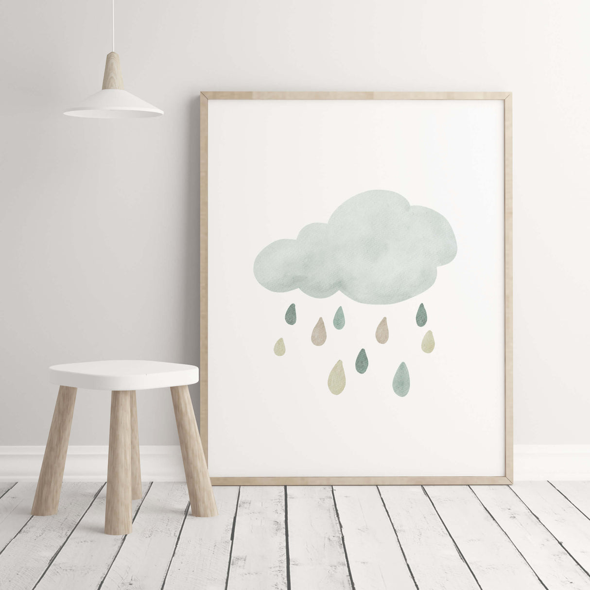 Watercolor boho nursery print with  rain cloud  in mint blue, brown and beige colors for gender neutral  nursery decor and kids decor, baby boys room decor, baby girls room decor, boho nursery decor.