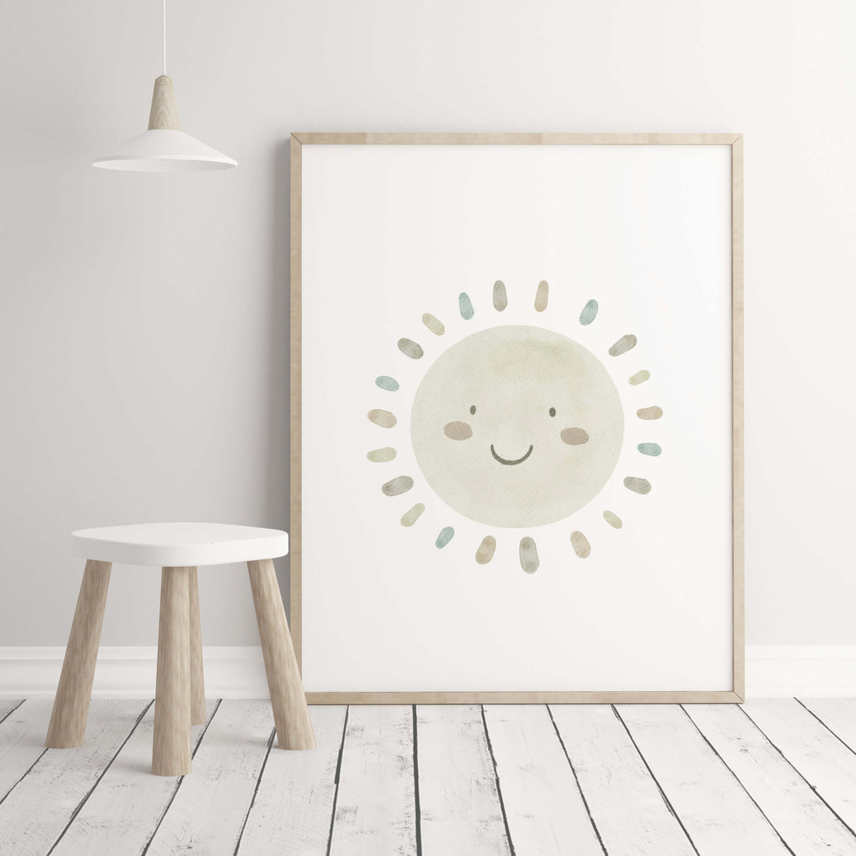 Watercolor boho nursery print with  sunshine in mint blue, brown and beige colors for gender neutral  nursery decor and kids decor, baby boys room decor, baby girls room decor, boho nursery decor.