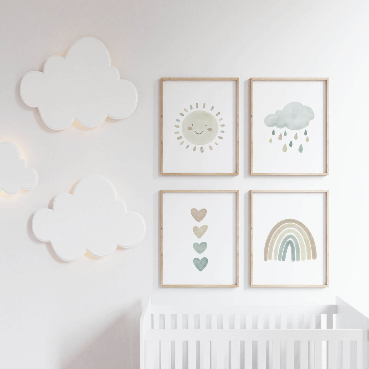 Set of 4 watercolor boho nursery printable with rainbow, sunshine, rain cloud and hearts in mint blue, brown and beige colors for gender neutral nursery decor and kids decor, baby boys room decor, baby girls room decor, boho nursery decor.
