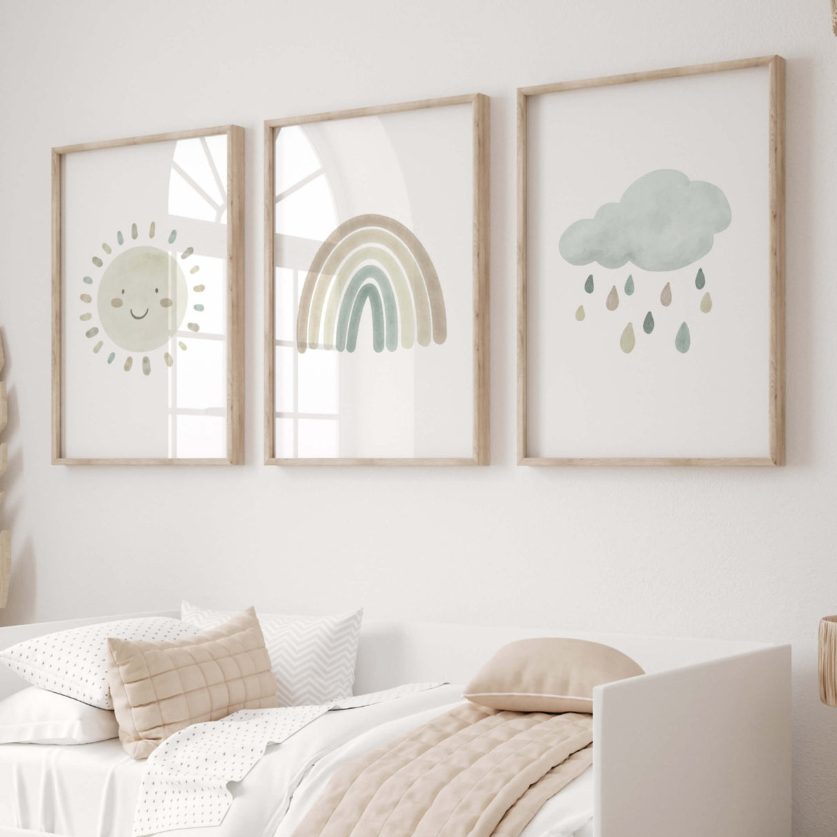 Set of 3 watercolor boho nursery print with rainbow, sunshine, rain cloud  in mint blue, brown and beige colors for gender neutral  nursery decor and kids decor, baby boys room decor, baby girls room decor, boho nursery decor.