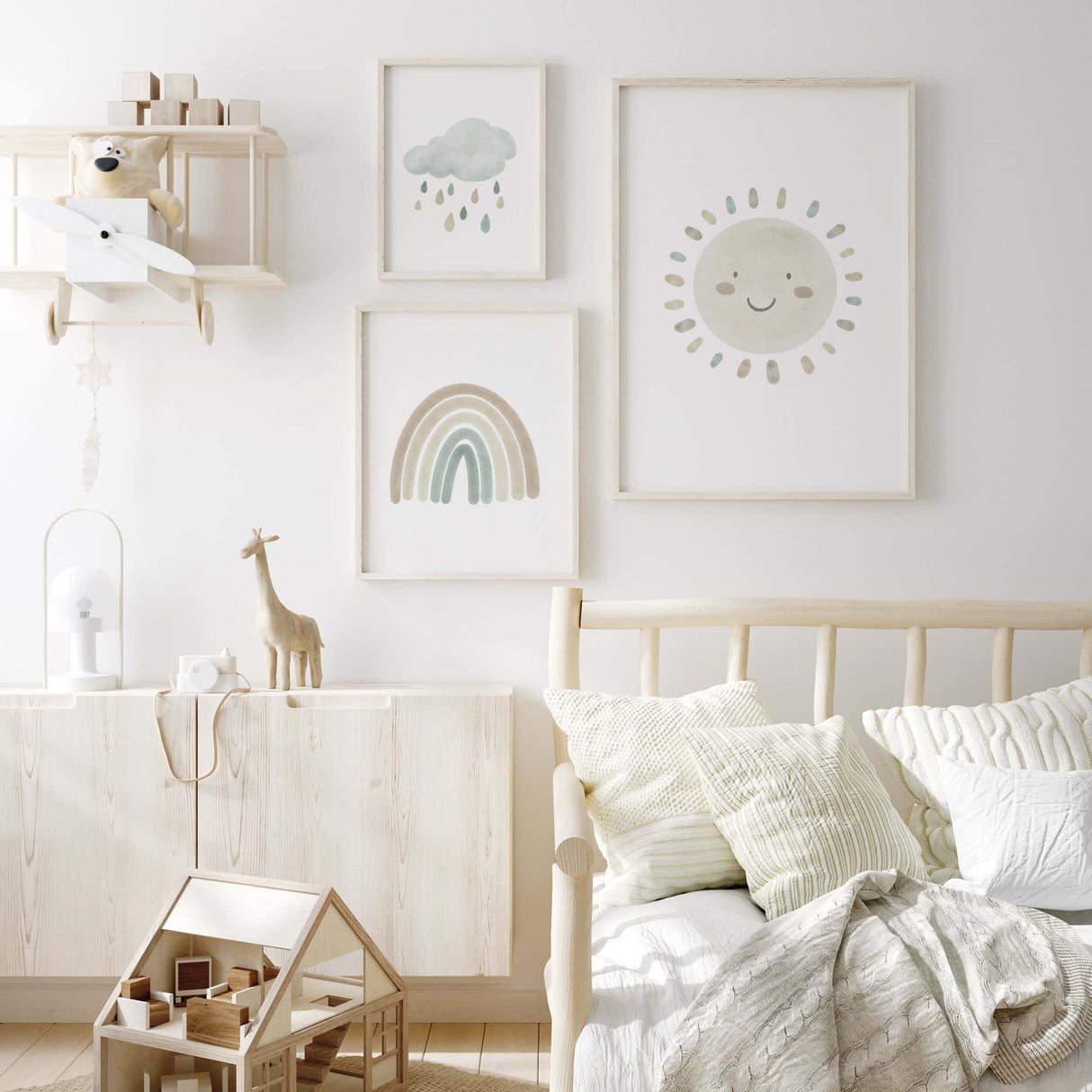 Watercolor boho nursery print with rainbow, sunshine, rain cloud in mint blue, brown and beige colors for gender neutral  nursery decor and kids decor, baby boys room decor, baby girls room decor, boho nursery decor.