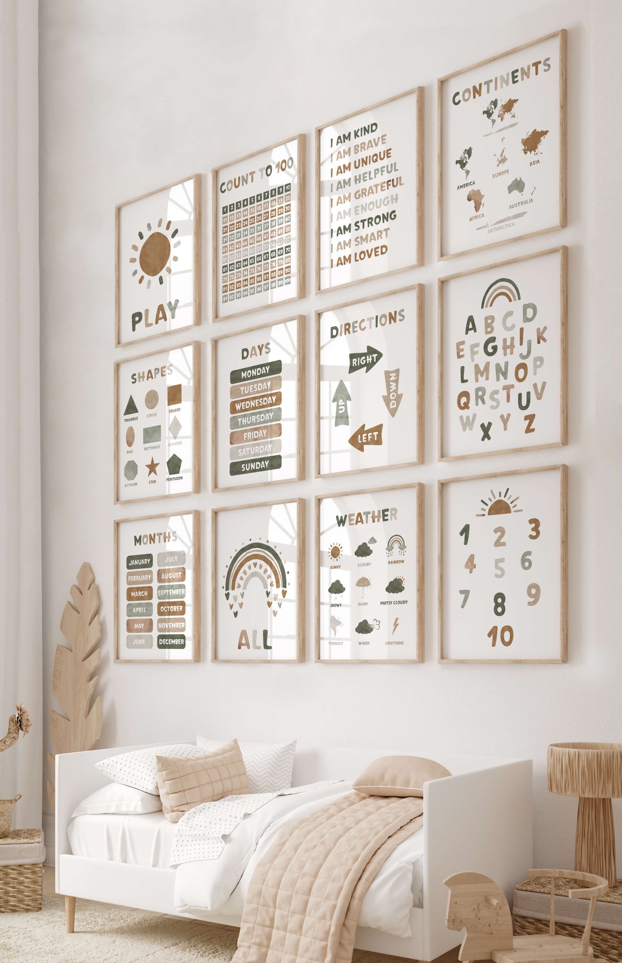 Watercolor educational bundle print for gender neutral nursery and kids decor with earth colors.