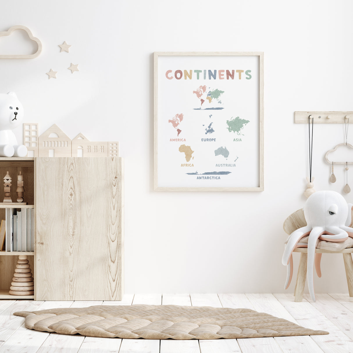 Watercolor continents printable for gender neutral nursery and kids room decor.