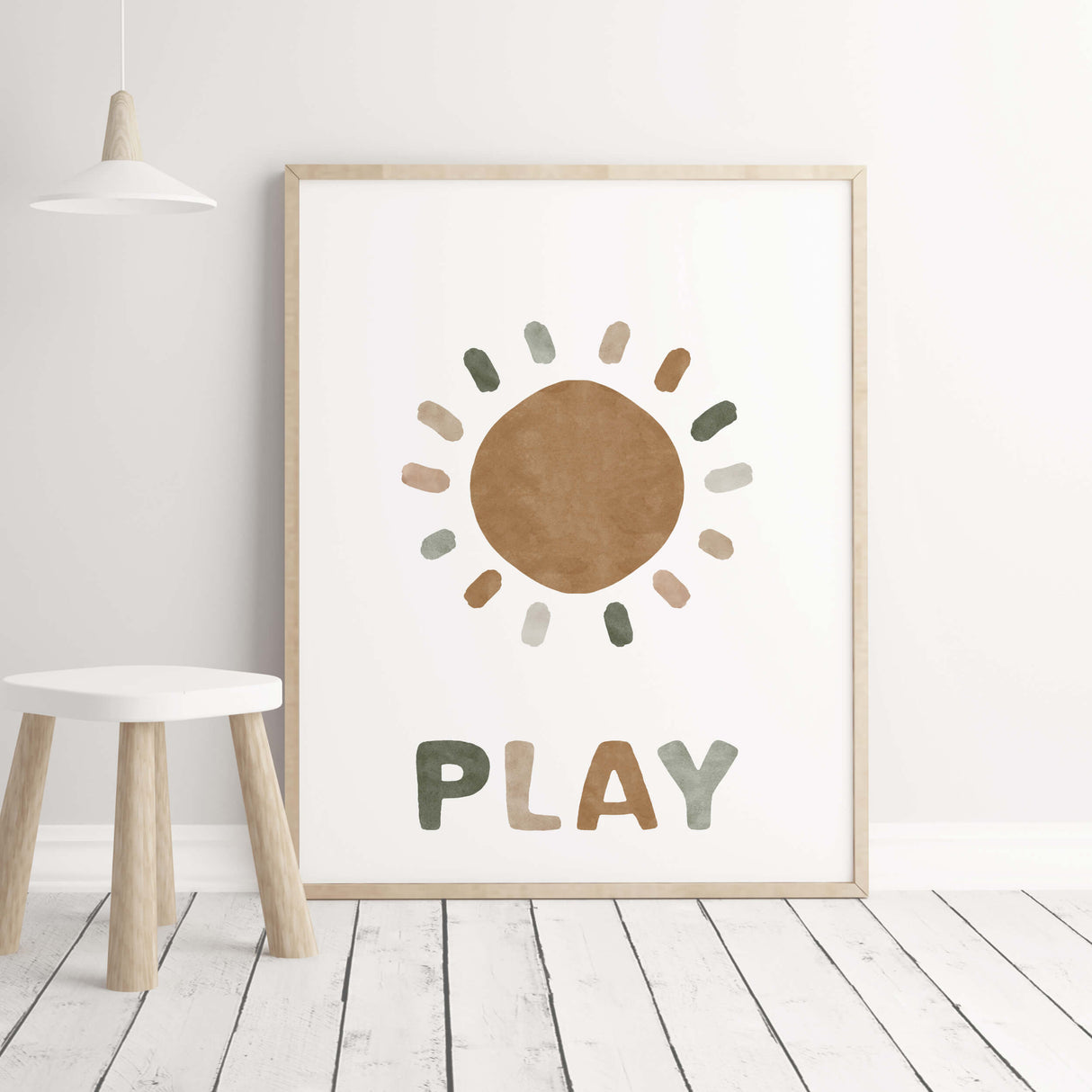 Watercolor sunshine print with rainbow, sunshine, cloud for gender neutral  nursery decor and kids decor in brown, sage green, beige and gray colors.