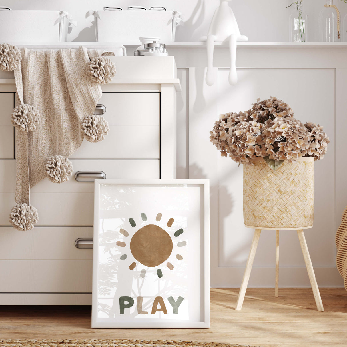 Watercolor sunshine print with rainbow, sunshine, cloud for gender neutral  nursery decor and kids decor in brown, sage green, beige and gray colors.