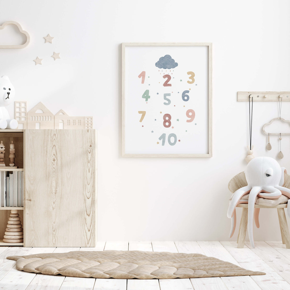Watercolor numbers printable for educational neutral nursery and kids room decor.