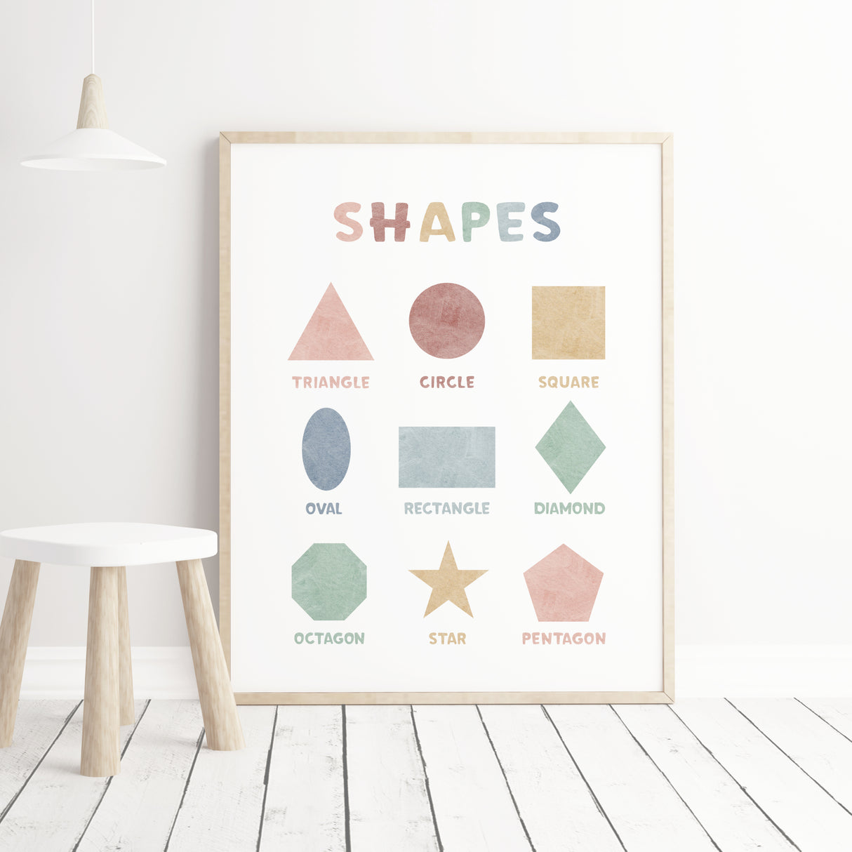 Watercolor shapes print for gender neutral nursery decor and educational kids room decor