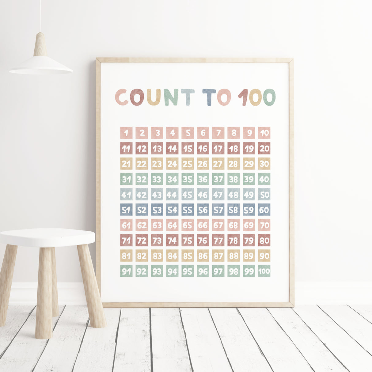 Watercolor count to 100 prints for neutral nursery and kids room decor.