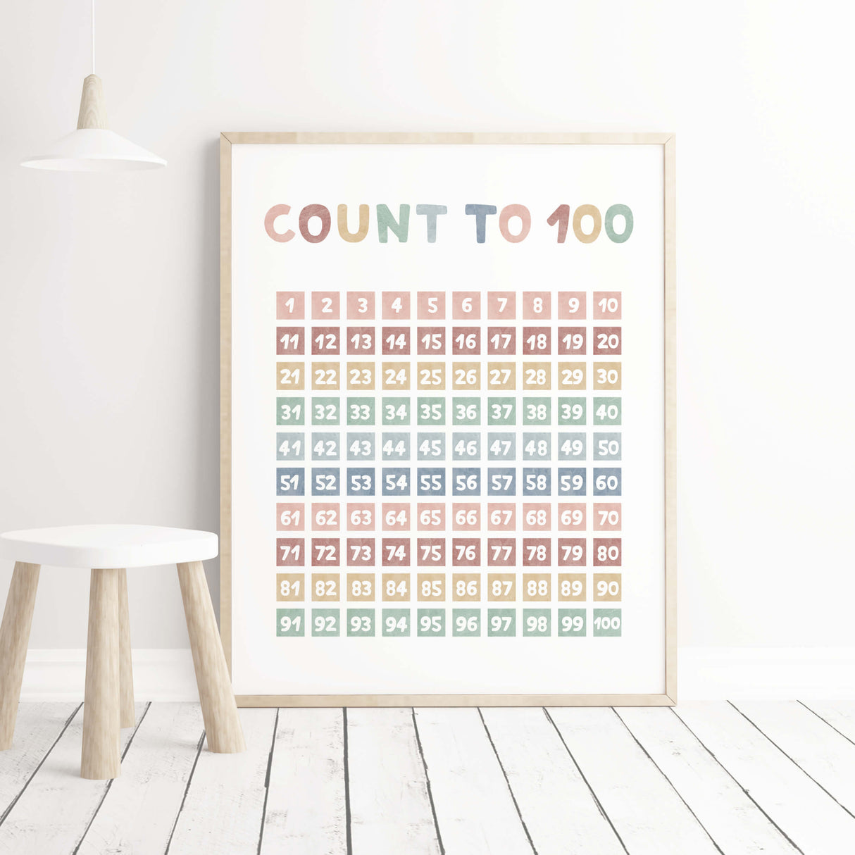 Watercolor count to 100 printable for gender neutral nursery and kids room decor