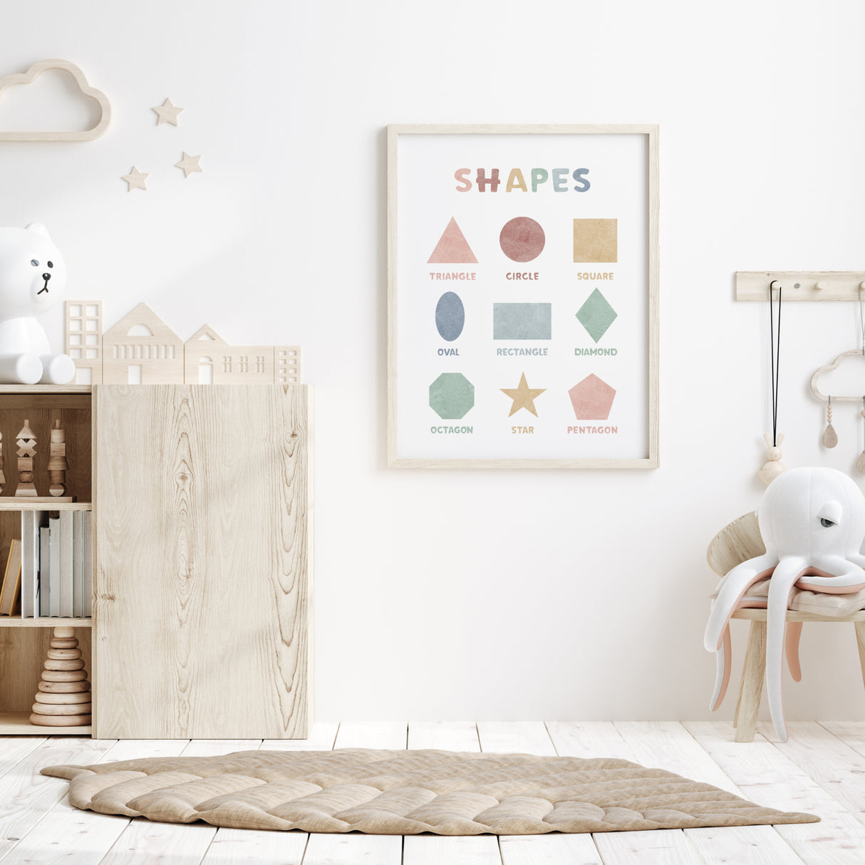 Montessori shapes printable for neutral nursery room decor and kids room decor.