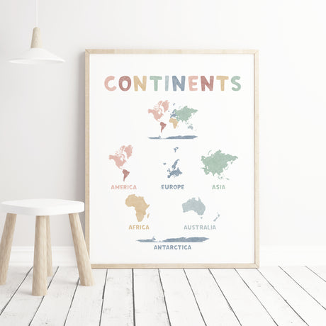Watercolor continents print for gender neutral nursery and kids room decor.