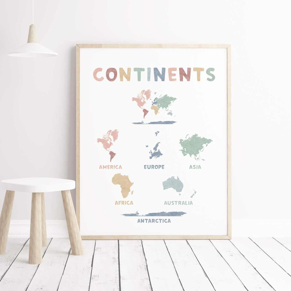 Watercolor continents printable for gender neutral nursery and kids room decor
