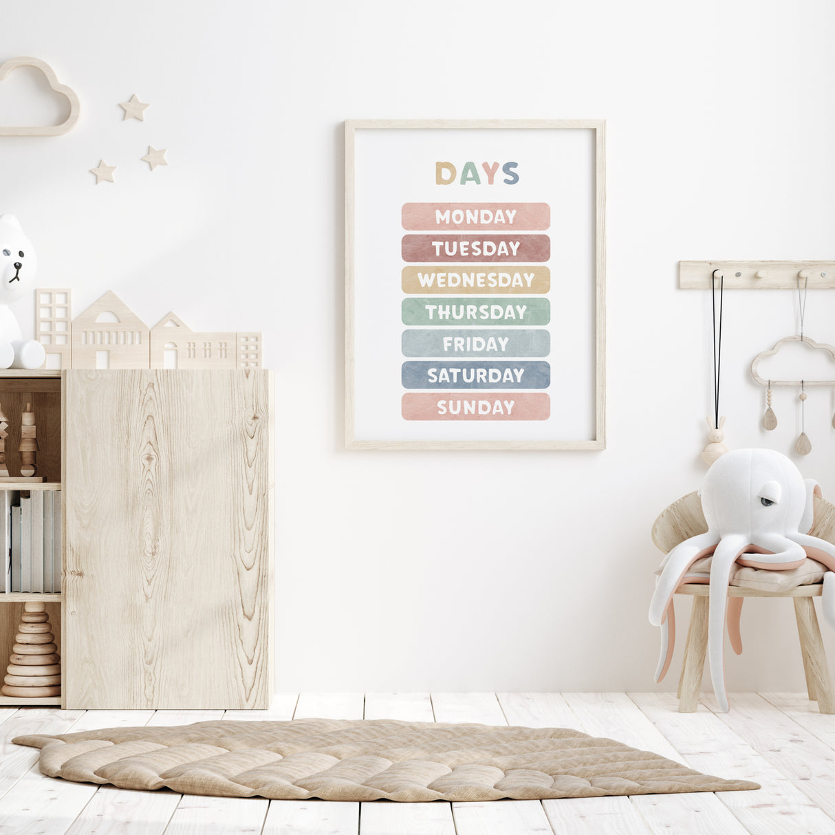 Watercolor days print for nursery room decor and educational kids room decor.