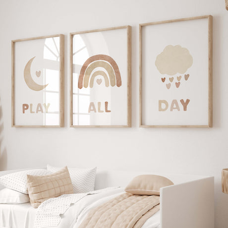 Set of 3 watercolor play all day poster with rainbow, moon, cloud in brown and beige colors for gender neutral  nursery decor and kids decor, baby boys room decor, baby girls room decor.