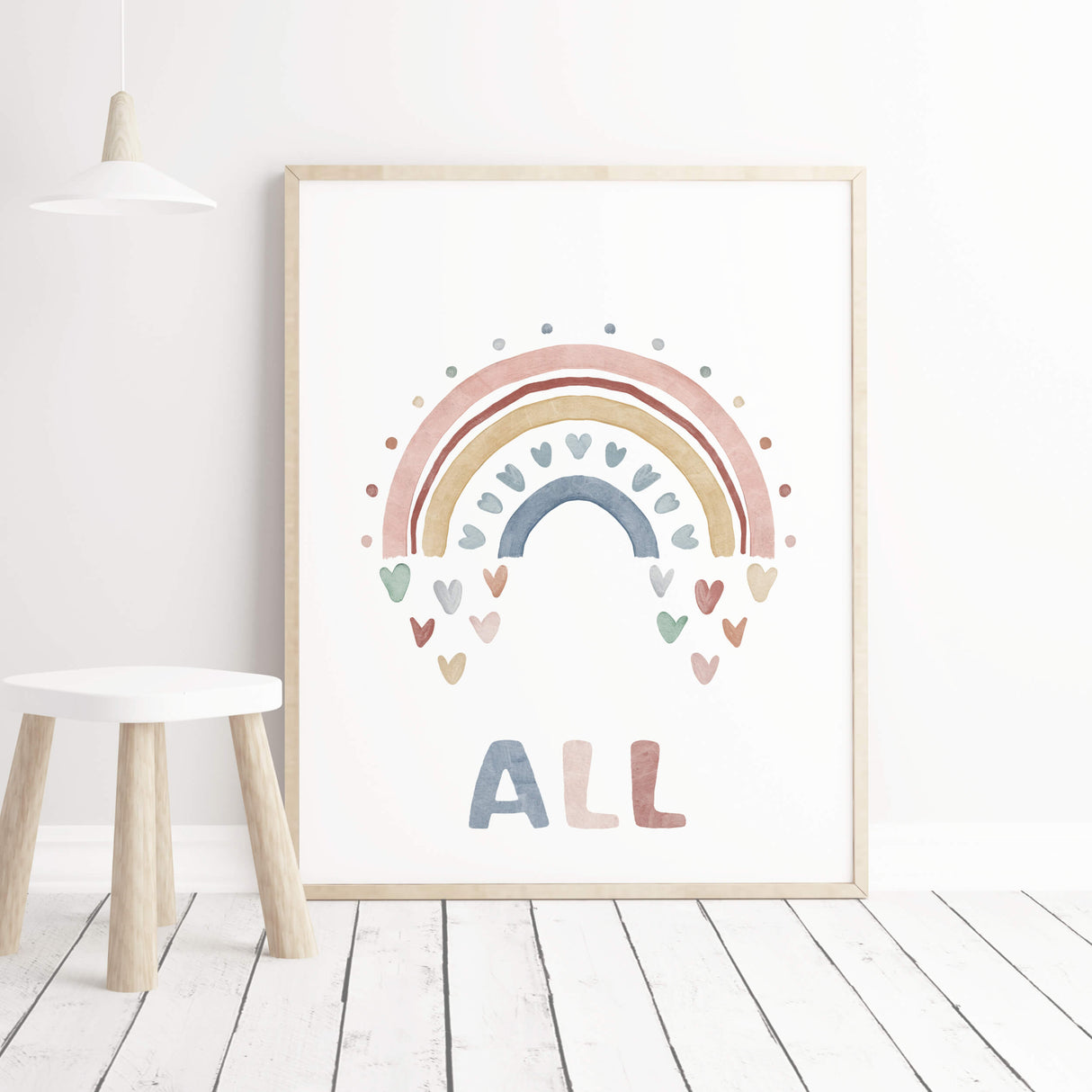 Watercolor rainbow print with play all day quote for neutral nursery and kids room decor.