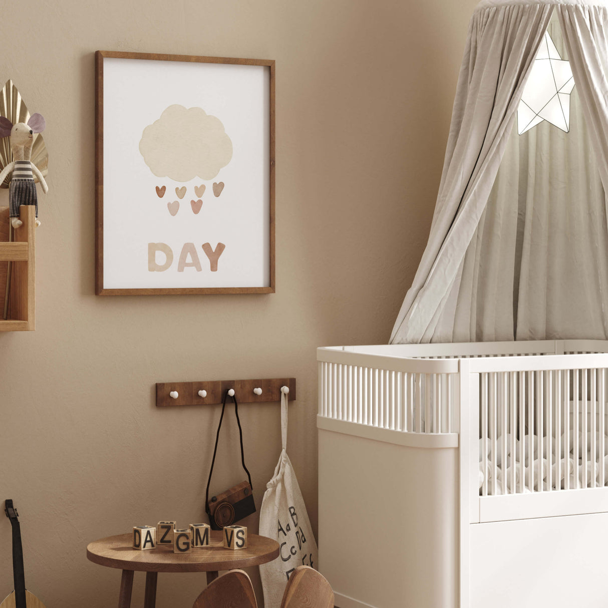 Set of 3 watercolor play all day print with rainbow, moon, cloud in brown and beige colors for gender neutral  nursery decor and kids decor, baby boys room decor, baby girls room decor.