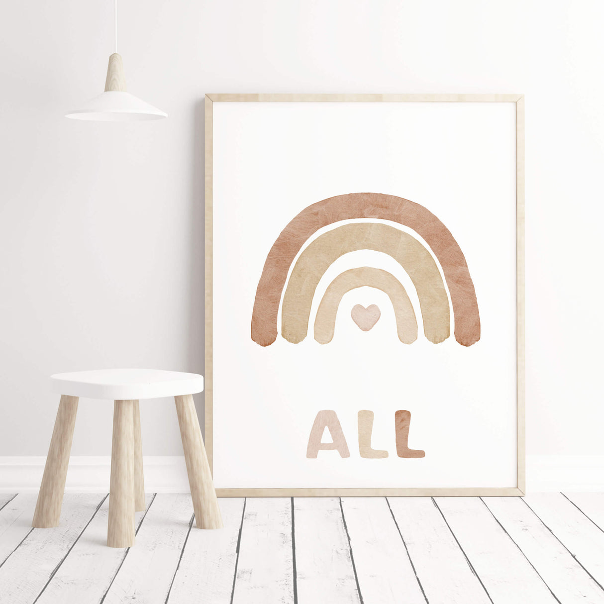 Set of 3 watercolor play all day print with rainbow in brown and beige colors for gender neutral  nursery decor and kids decor, baby boys room decor, baby girls room decor.