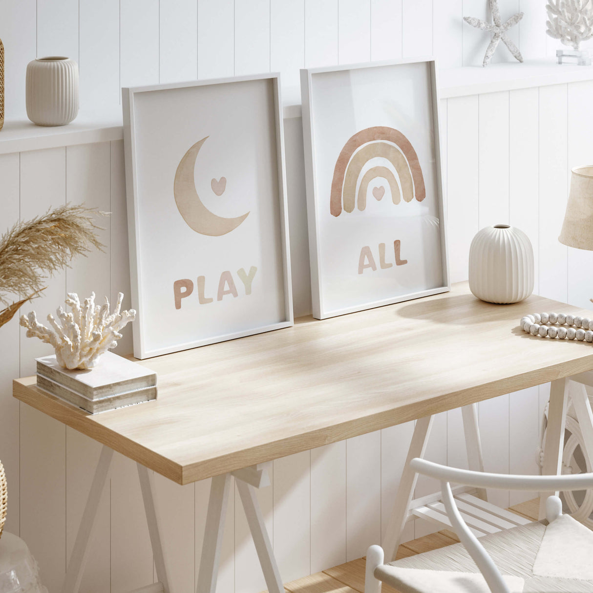 Set of 3 watercolor play all day print with rainbow, moon, cloud in brown and beige colors for gender neutral  nursery decor and kids decor, baby boys room decor, baby girls room decor.