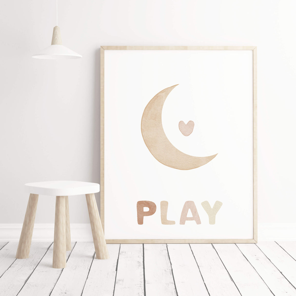 Set of 3 watercolor play all day print with rainbow, moon, cloud in brown and beige colors for gender neutral  nursery decor and kids decor, baby boys room decor, baby girls room decor.