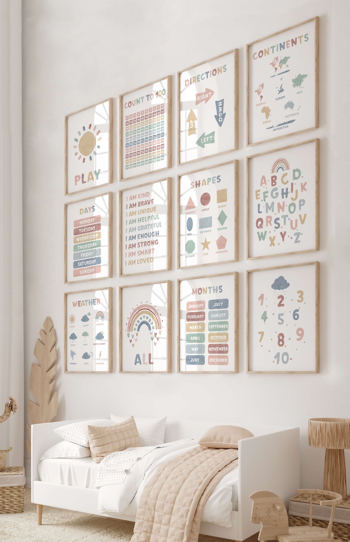 Watercolor educational printable bundle for gender neutral nursery and kids room decor.