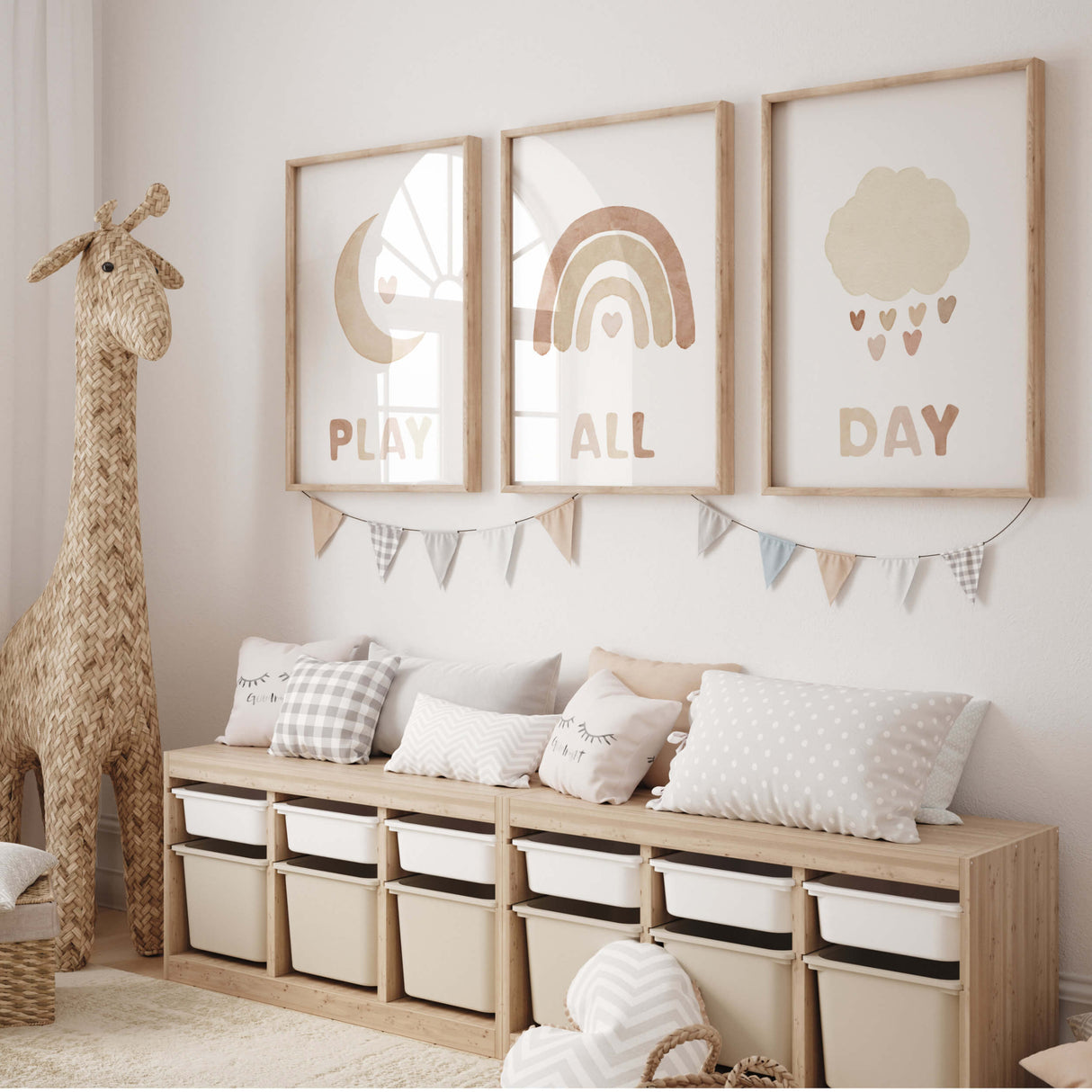 Set of 3 watercolor play all day print with rainbow, moon, cloud in brown and beige colors for gender neutral  nursery decor and kids decor, baby boys room decor, baby girls room decor.