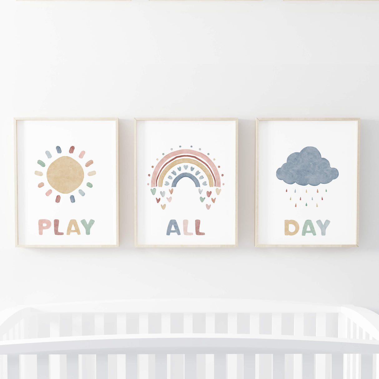 Set of 3 watercolor "play all day" nursery print with rainbow, sun and cloud  for neutral nursery decor