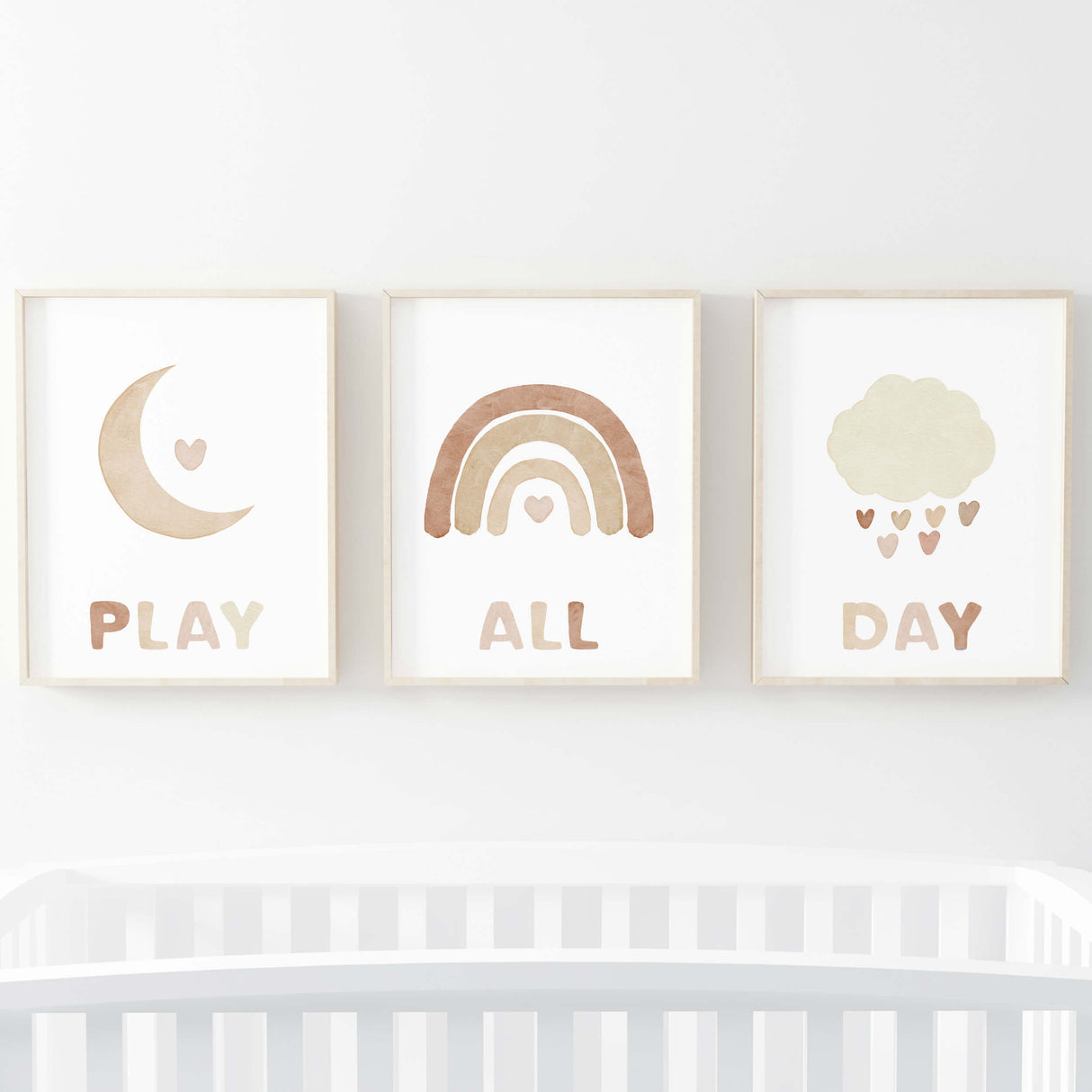 Set of 3 watercolor play all day poster with rainbow, moon, cloud in brown and beige colors for gender neutral  nursery decor and kids decor, baby boys room decor, baby girls room decor.