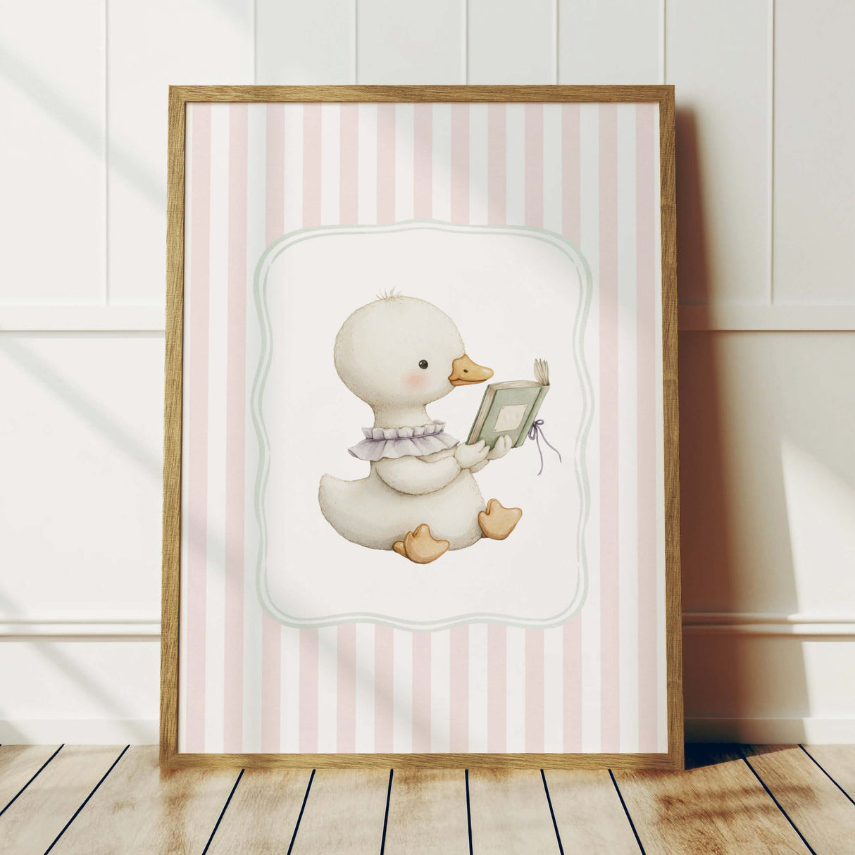 Baby girl room decor featuring cartoon goose holding a book digital download