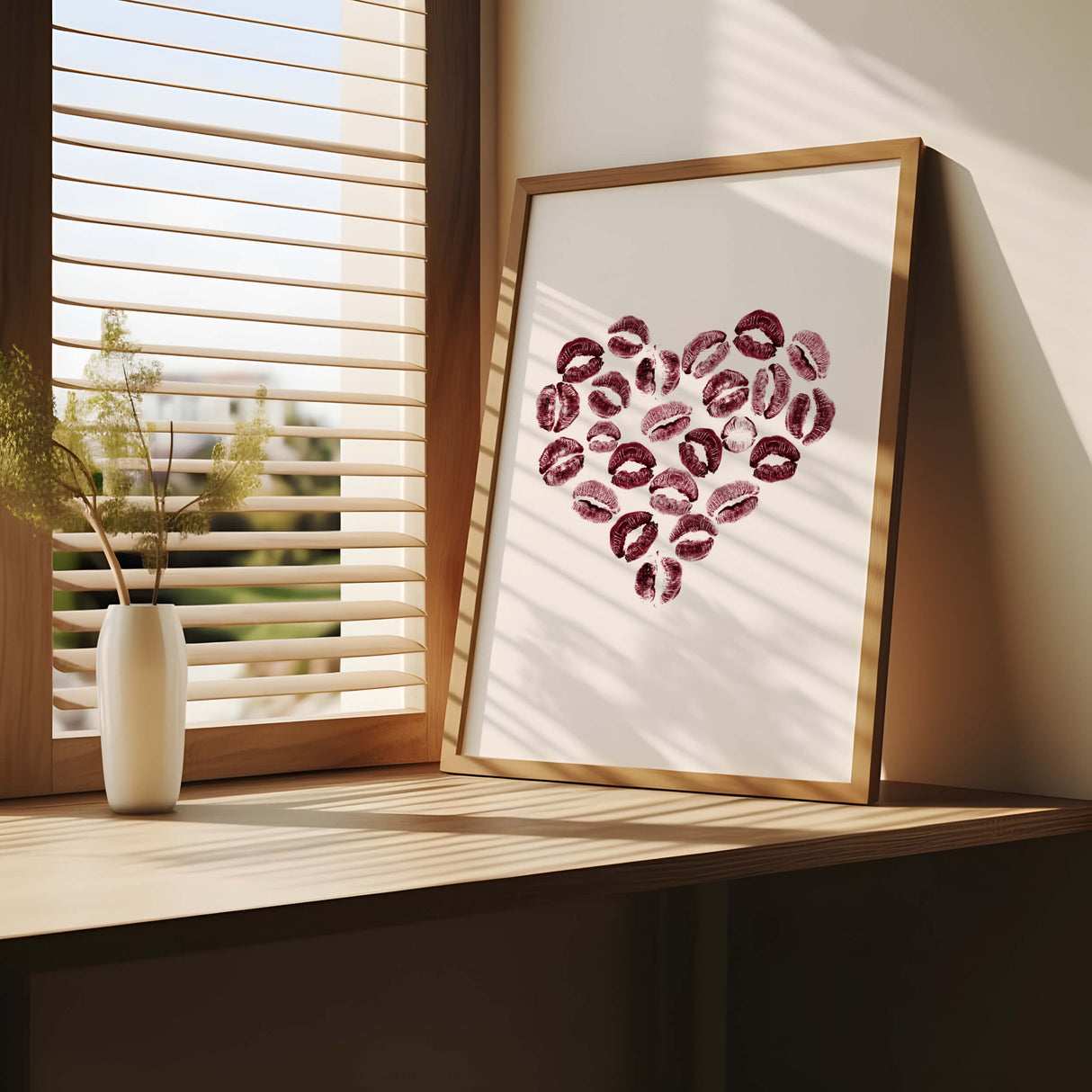 Red burgundy lips in heart poster for fashion home decor, valentine's day decor, love home decor.