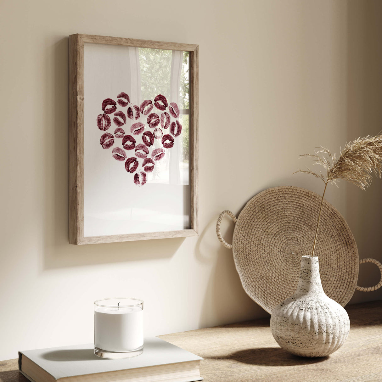 Red burgundy lips in heart printable for fashion home decor, valentine's day decor, love home decor.