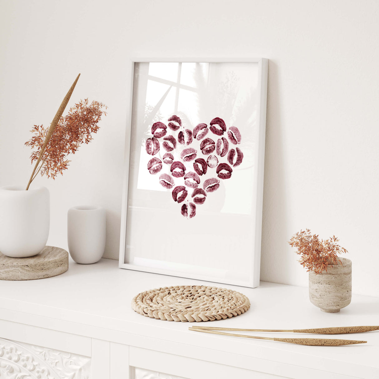 Red burgundy lips in heart print for fashion home decor, valentine's day decor, love home decor, boho home decor.