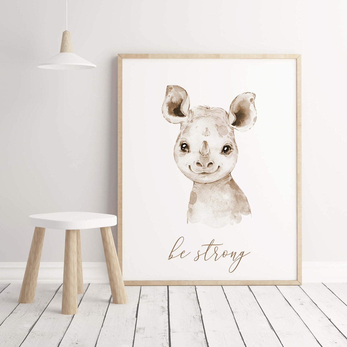 Watercolor rhino print with be strong inspirational quote in brown, beige colors for gender neutral nursery decor, boho nursery decor, beige brown nursery decor, boho nursery decor.