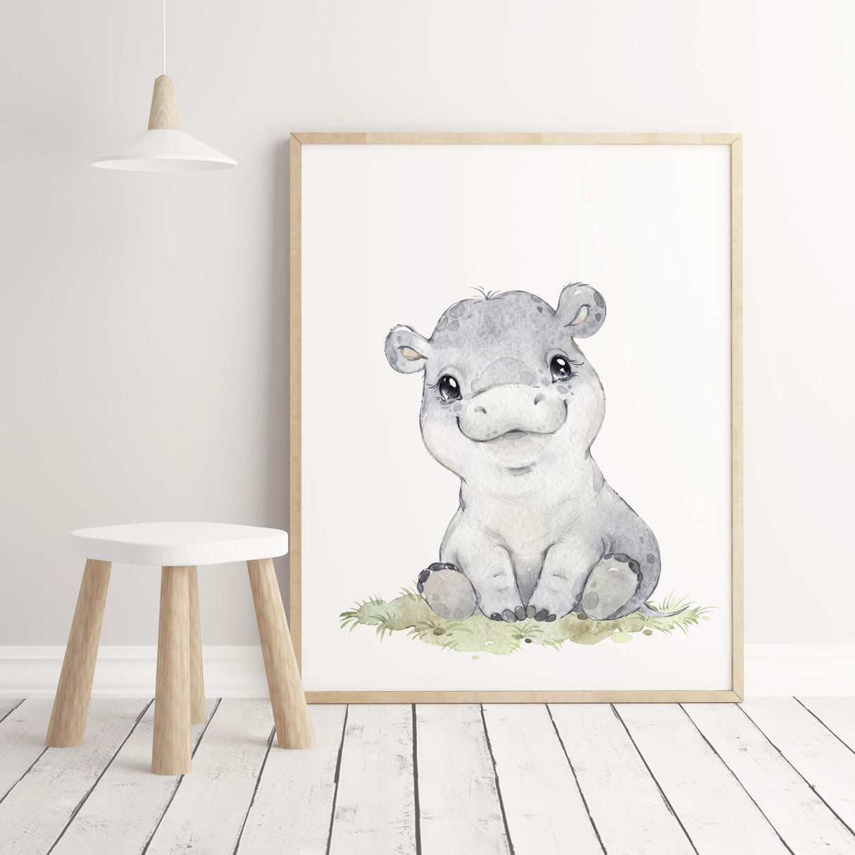 Watercolor safari animal with hippo print for gender neutral nursery decor and ideas, boho nursery decor.