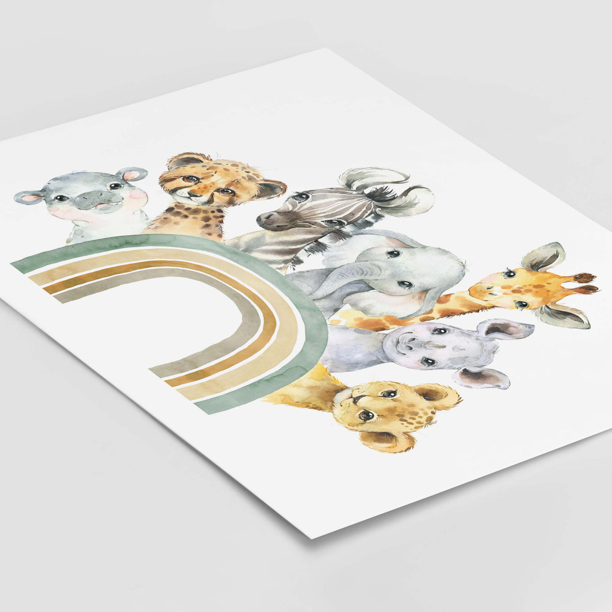 Watercolor safari animals with rainbow print in sage green, brown, gray colors for gender neutral nursery decor, animals: giraffe, zebra, elephant, hippo, rhino, tiger, leopard.