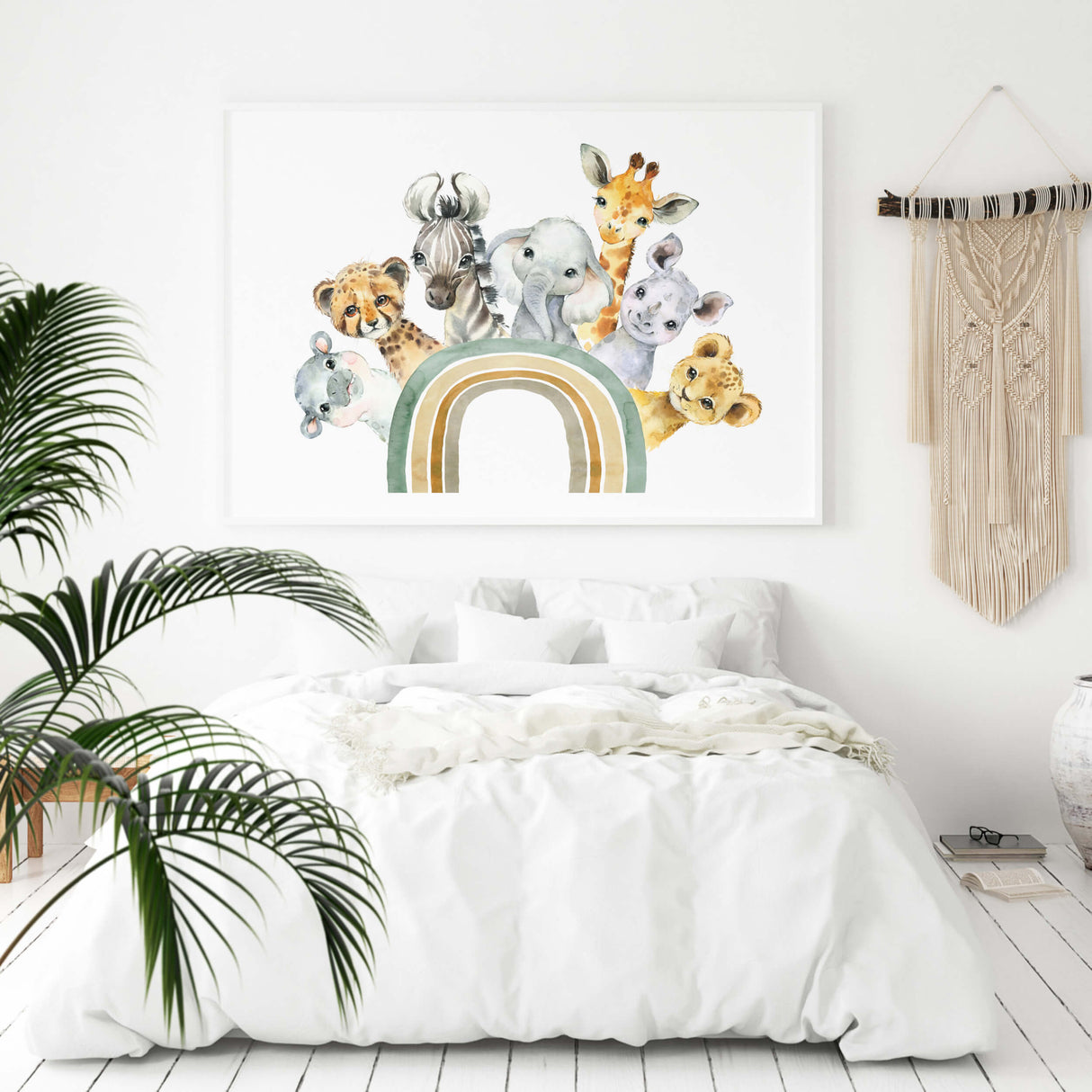 Watercolor safari animals with rainbow poster in sage green, brown, gray colors for gender neutral nursery decor, animals: giraffe, zebra, elephant, hippo, rhino, tiger, leopard.