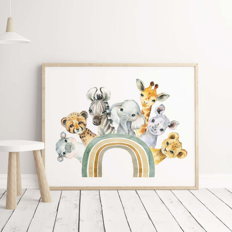 Watercolor safari animals with rainbow printable in sage green, brown, gray colors for gender neutral nursery decor, animals: giraffe, zebra, elephant, hippo, rhino, tiger, leopard.