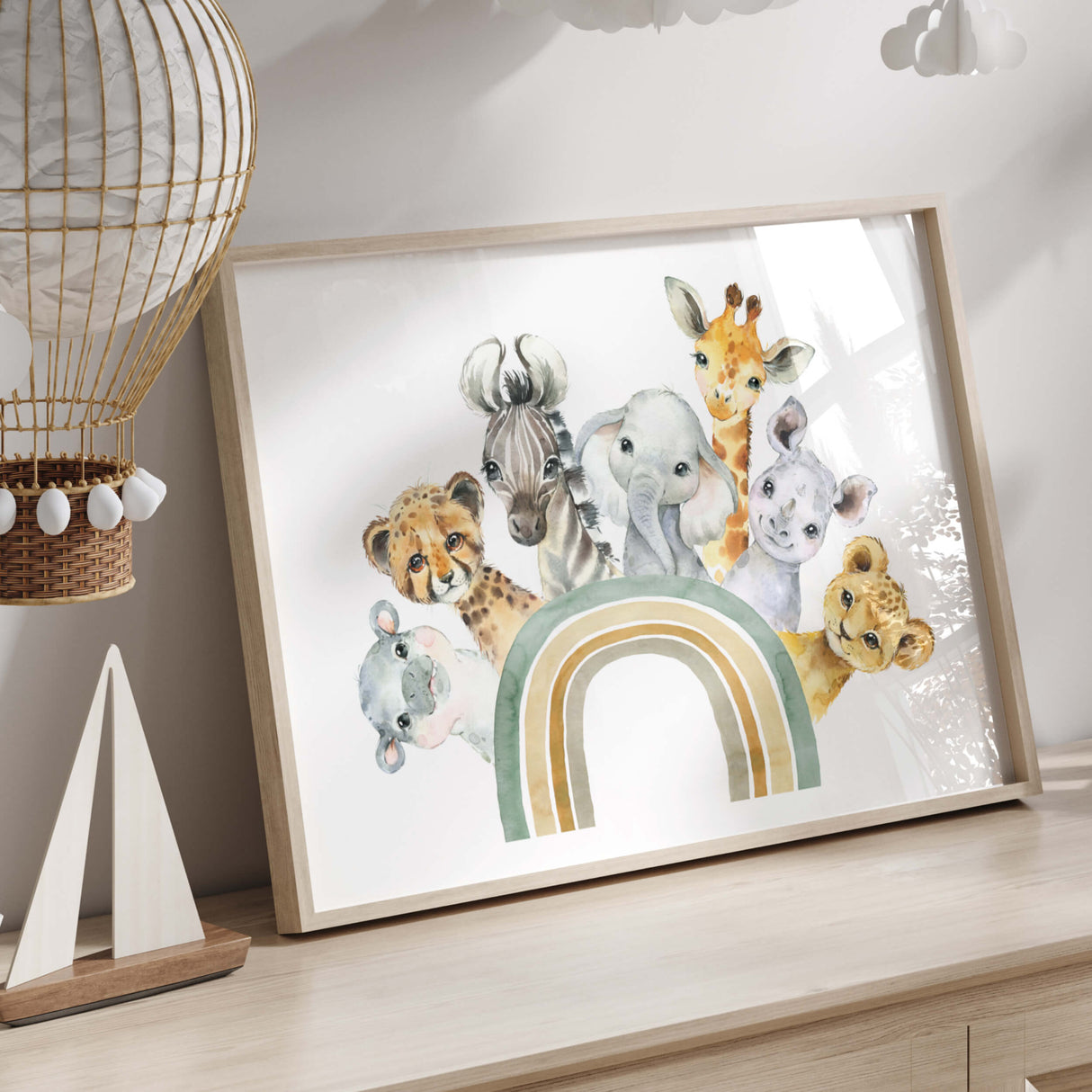 Watercolor safari animals with rainbow printable in sage green, brown, gray colors for gender neutral nursery decor, animals: giraffe, zebra, elephant, hippo, rhino, tiger, leopard.